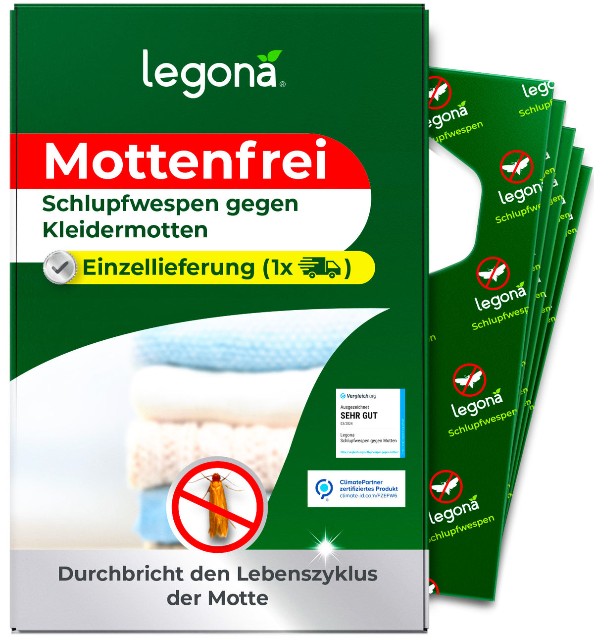 Verpackung von legona Mottenfrei Schlupfwespen gegen Kleidermotten mit Hinweis auf Einzellieferung und Symbol für einmalige Anwendung