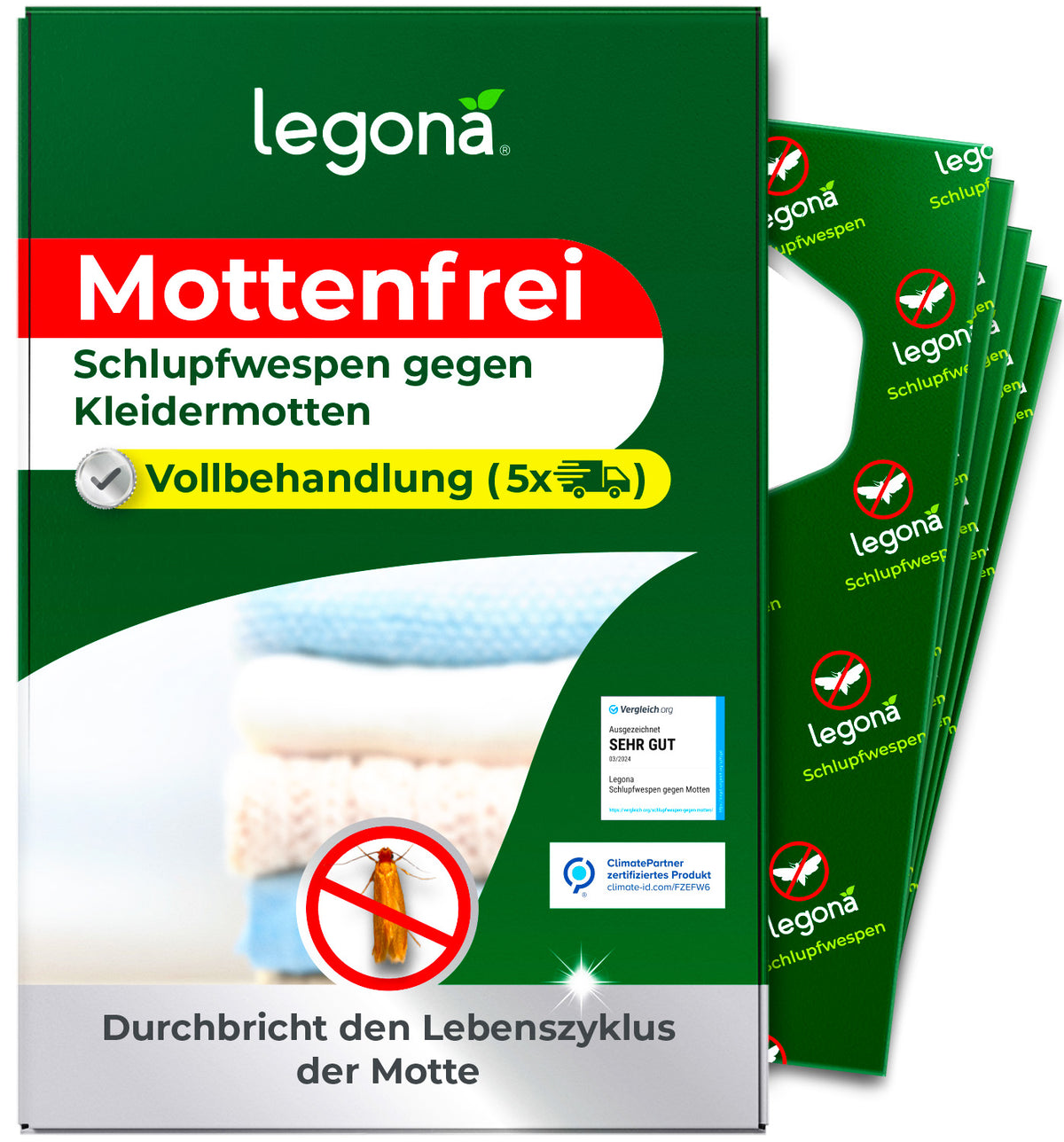 Verpackung von legona Mottenfrei Schlupfwespen gegen Kleidermotten mit Hinweis auf Vollbehandlung und Symbol für fünf Anwendungen