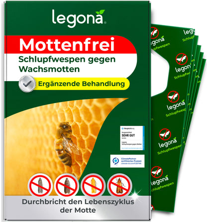 Verpackung von legona Mottenfrei mit Schlupfwespen gegen Wachsmotten zeigt Biene auf Wabe und dem Hinweis, dass es eine ergänzende Behandlung ist