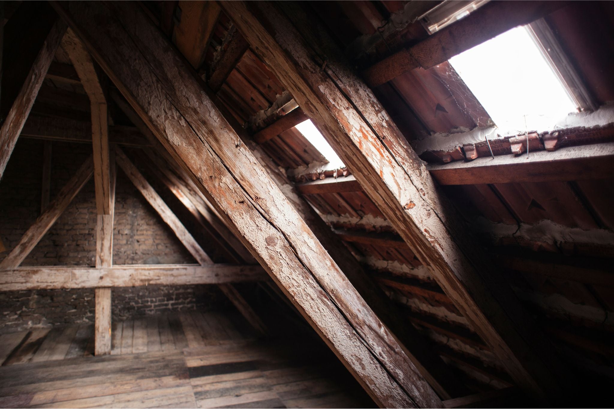 Dachboden mit sichtbaren alten Holzbalken und zwei Dachfenstern, die Tageslicht hereinlassen