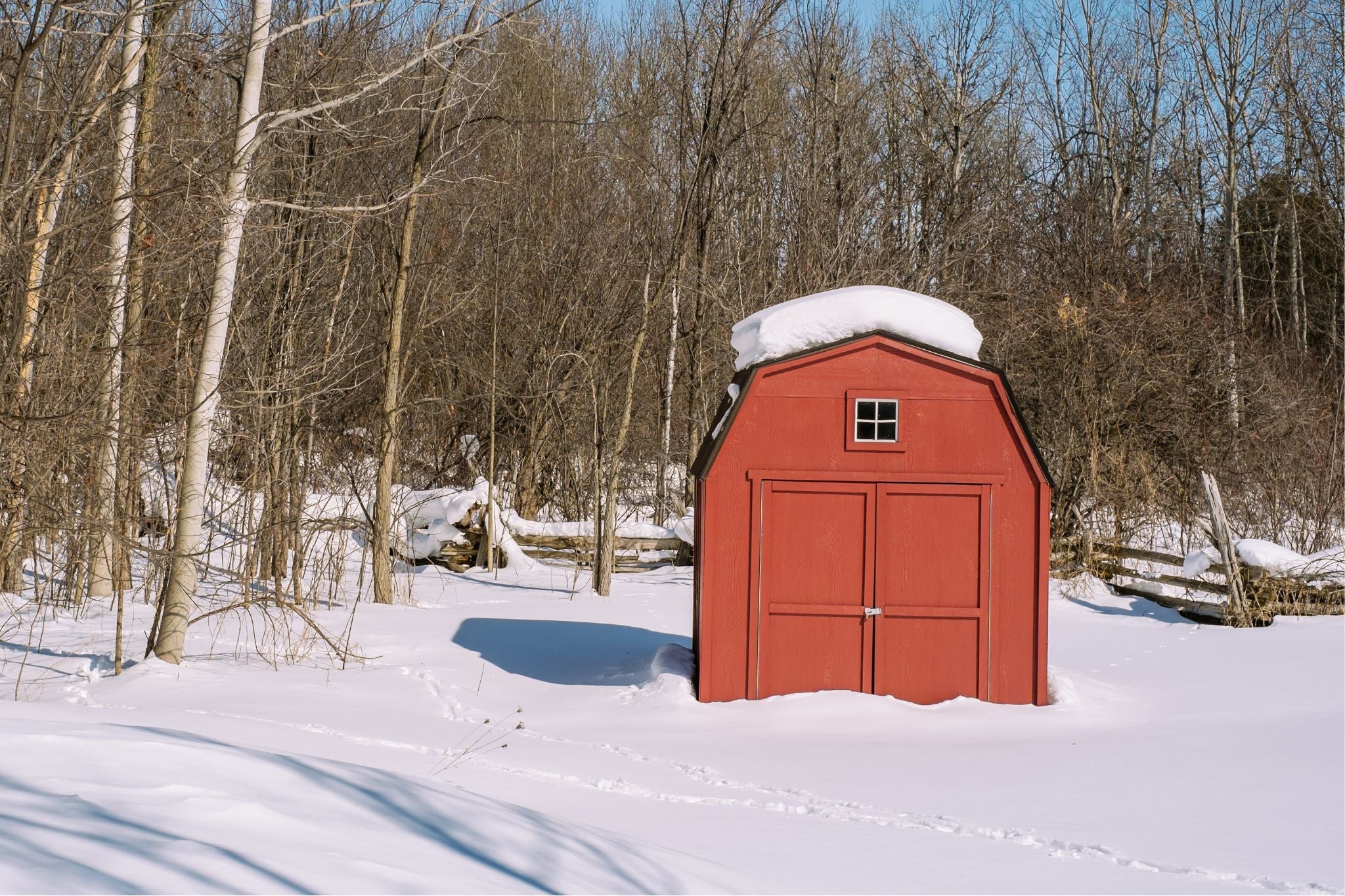 Rotes Gartenhaus mit Schnee auf dem Dach, umgeben von schneebedecktem Boden und kahlen Bäumen im Winter
