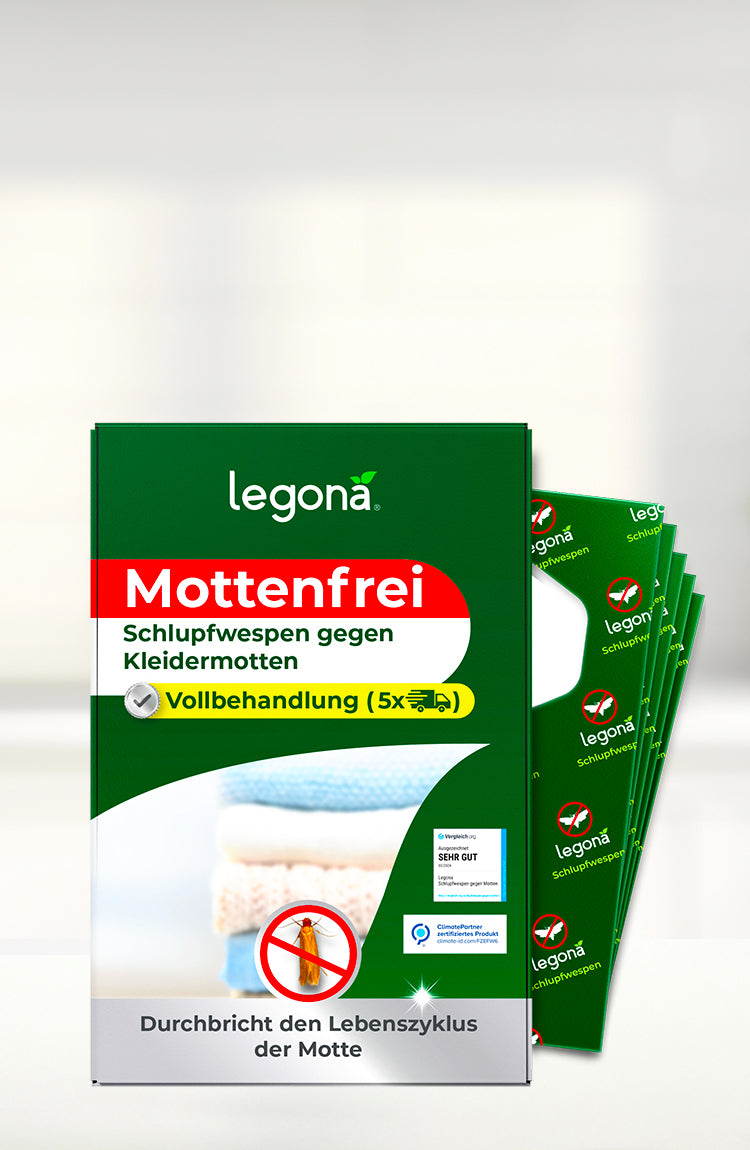 Packung mit legona Mottenfrei Schlupfwespen gegen Kleidermotten als Vollbehandlung vor unscharfem Hintergrund