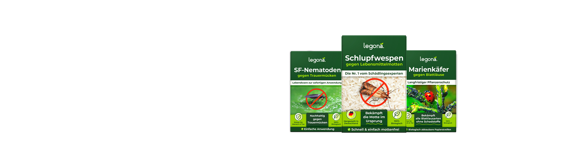 Drei grüne Produktverpackungen von Legona gegen Schädlinge: SF-Nematoden, Schlupfwespen und Marienkäfer, jeweils mit Bildern der Zielinsekten