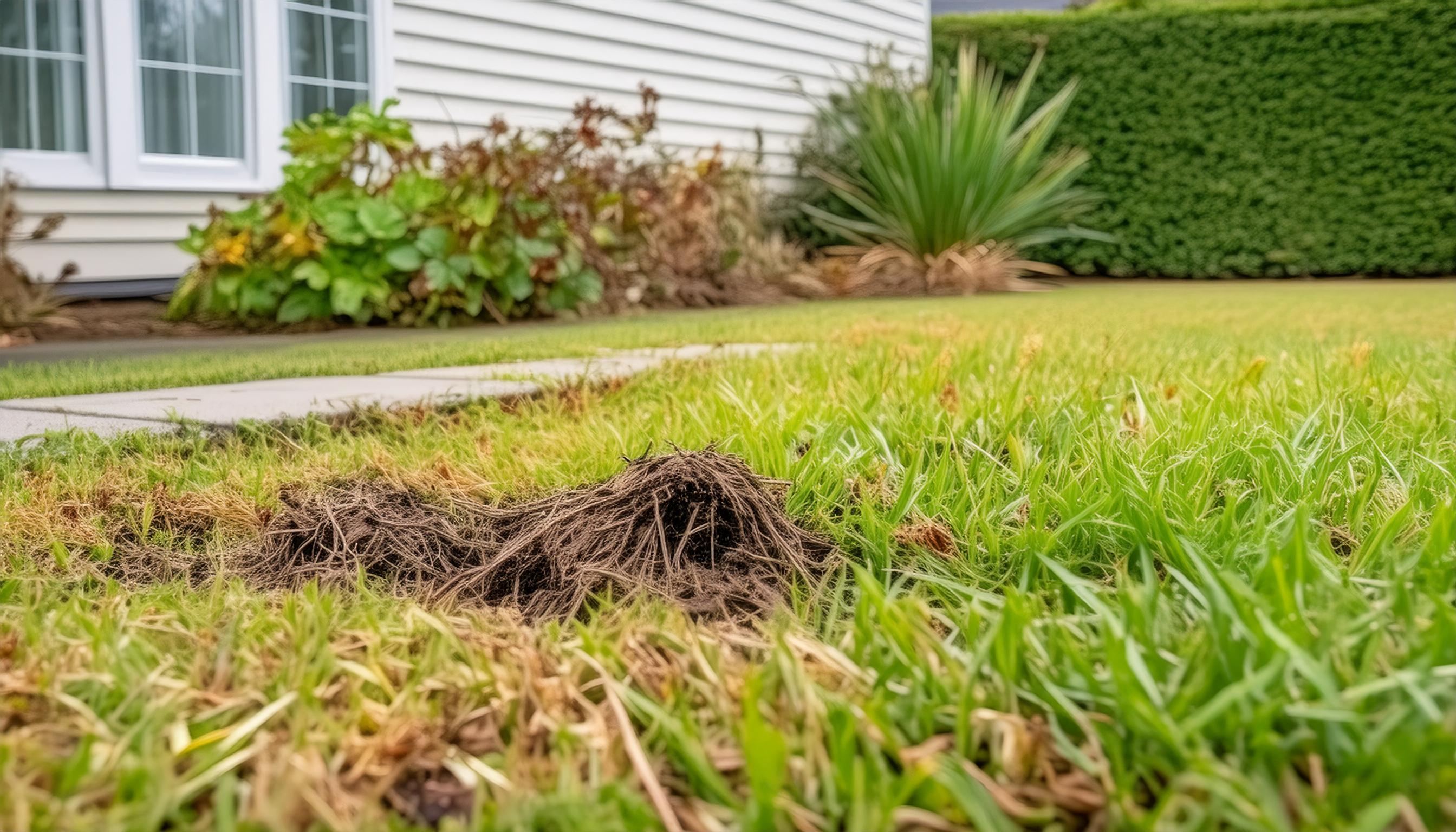 Nahaufnahme von braunen, beschädigten Grasstellen auf einem Rasen vor einem Haus mit weißen Wänden und Fenstern