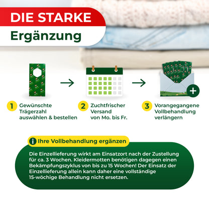 Grafik mit drei Schritten zur Ergänzung einer Behandlung: 1 Gewünschte Trägerzahl auswählen und bestellen mit Bild einer Verpackung, 2 Zuchtfrischer Versand von Mo. bis Fr. mit Kalender, 3 Vorangegangene Vollbehandlung verlängern mit Bild von mehreren Verpackungen in einem Umschlag, darunter Text zur Wirkung und Dauer der Einzellieferung.