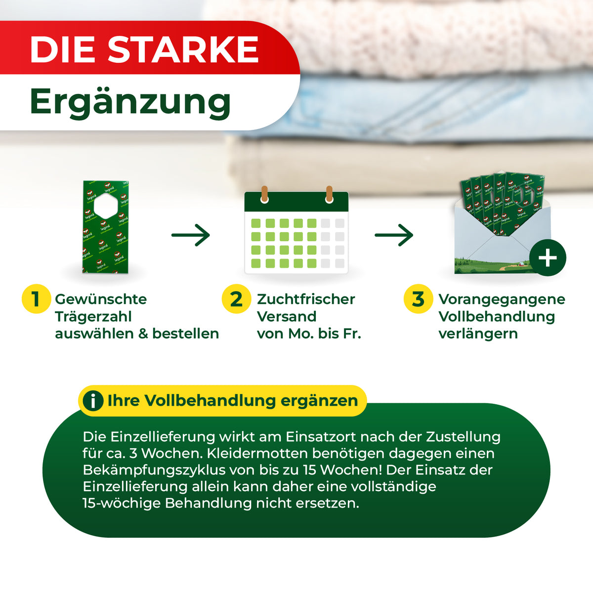 Grafik mit drei Schritten zur Ergänzung einer Behandlung: 1 .Gewünschte Trägerzahl auswählen und bestellen, 2. Zuchtfrischer Versand von Mo. bis Fr., 3. Vorangegangene Vollbehandlung verlängern, dazu ein Hinweistext zur Wirkung der Einzellieferung