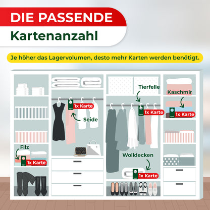 Illustration eines Kleiderschranks mit verschiedenen Kleidungsstücken und Schuhen, die jeweils mit einem roten Schild "1 Träger" markiert sind, dazu Text "DIE PASSENDE Kartenanzahl" und ein gelber Hinweis "Je höher das Lagervolumen, desto mehr Trägerstreifen werden benötigt"
