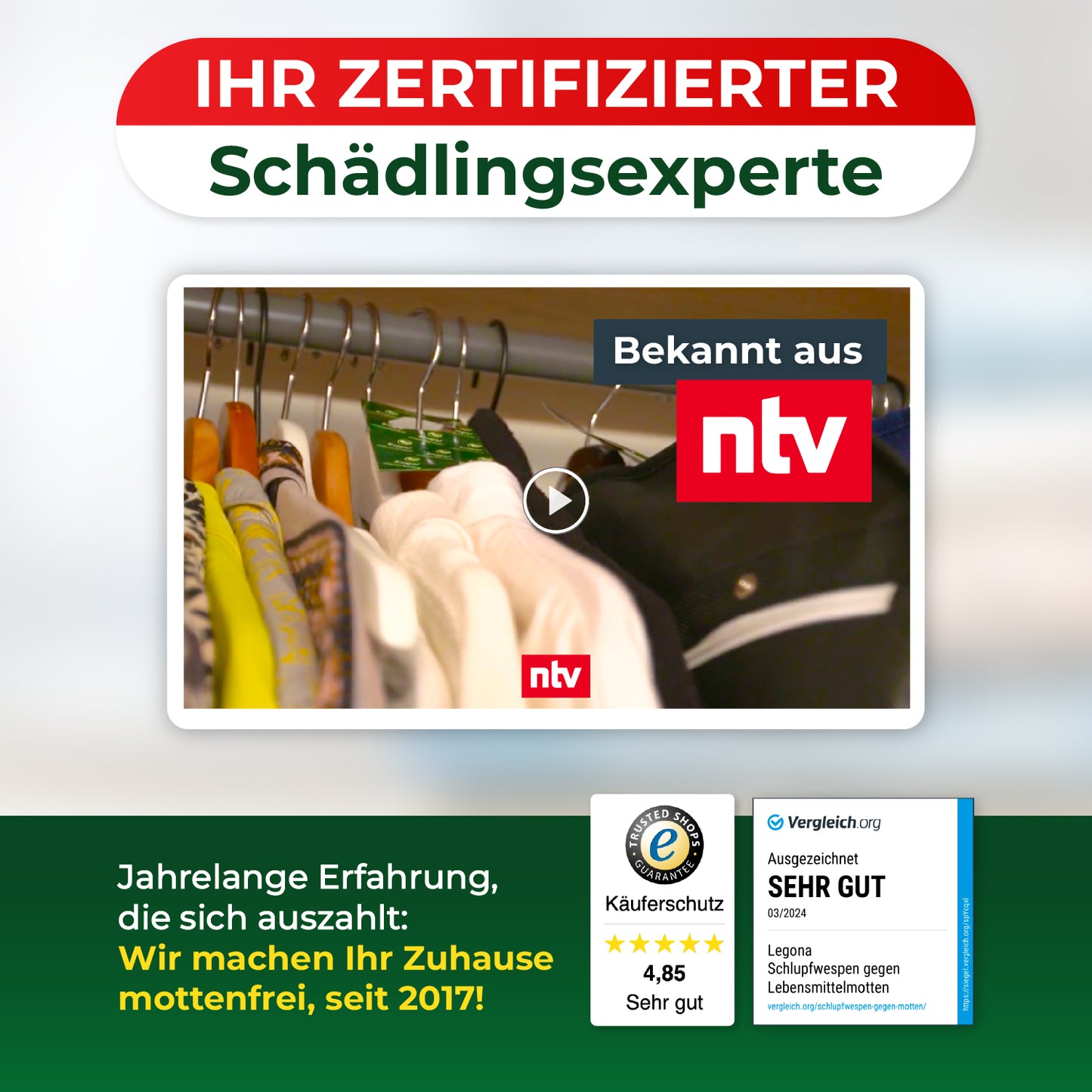 Screenshot eines Videos mit Kleidung auf Kleiderbügeln und dem Text 'IHR ZERTIFIZIERTER Schädlings­experte' sowie dem Logo 'ntv' und Auszeichnungen für Käuferschutz und sehr gute Bewertung