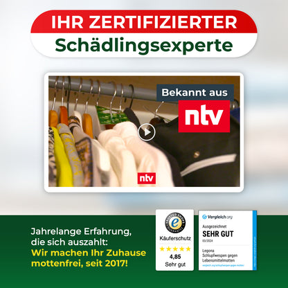 Screenshot eines Videos mit Kleidung auf Kleiderbügeln und dem Text 'IHR ZERTIFIZIERTER Schädlings­experte' sowie dem Logo 'ntv' und Auszeichnungen für Käuferschutz und sehr gute Bewertung