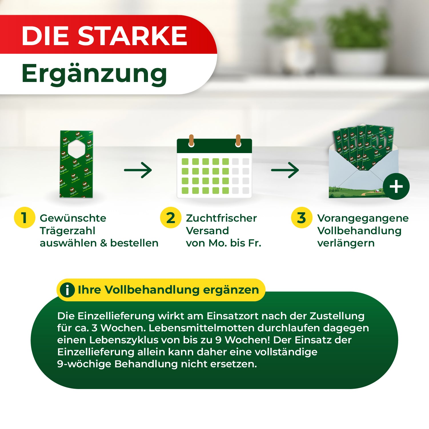 Grafik mit drei Schritten zur Bestellung und Verlängerung einer Behandlung gegen Lebensmittelmotten mit Symbolen für Trägerzahl, Kalender und Verlängerungspaket sowie erklärendem Text zur Wirkdauer der Einzellieferung