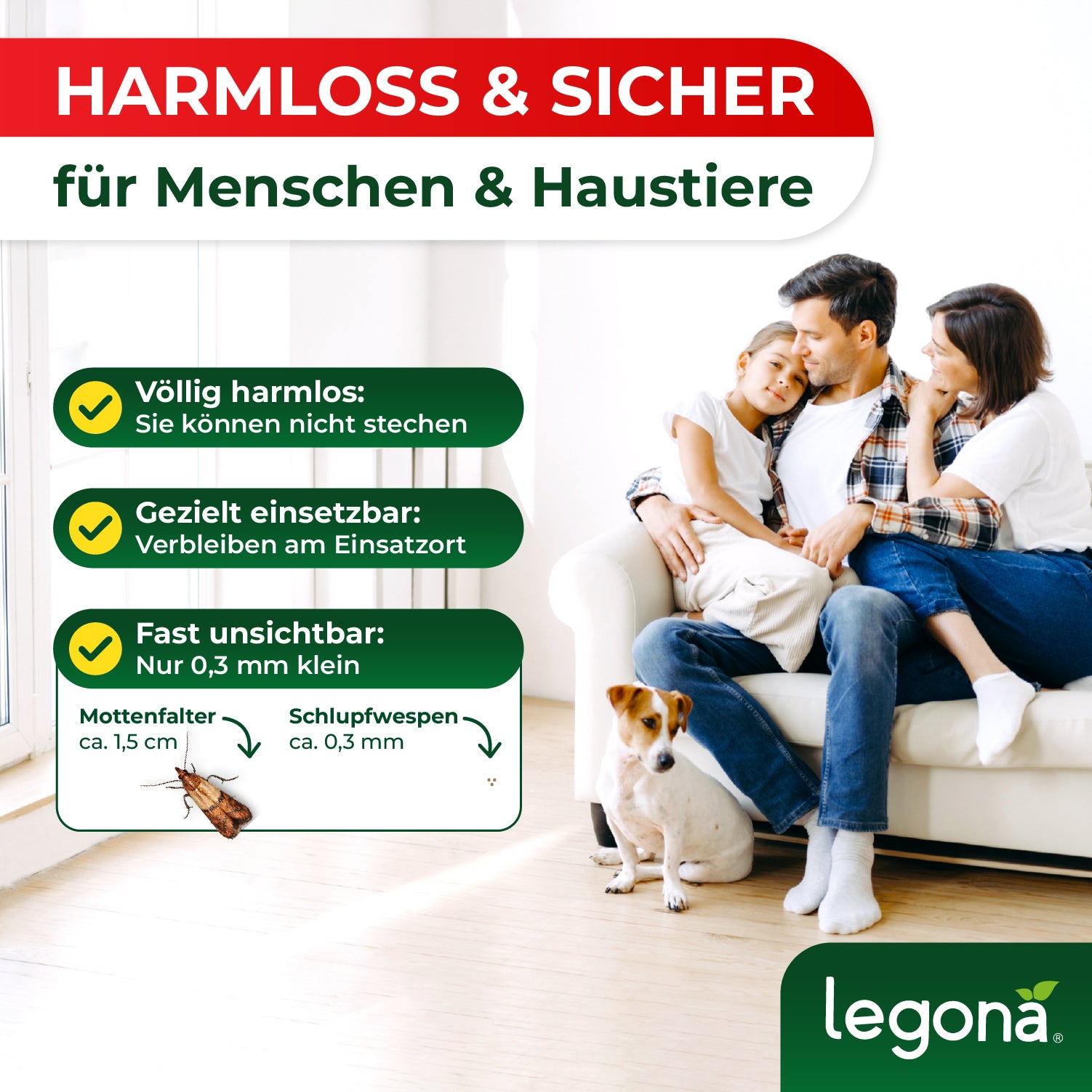 Familie mit einem Kind und Hund sitzt auf Sofa, daneben Infokasten mit Text "Harmlos & Sicher - für Menschen & Haustiere" und Schlupfwespen Größenvergleich zu Mottenfaltern