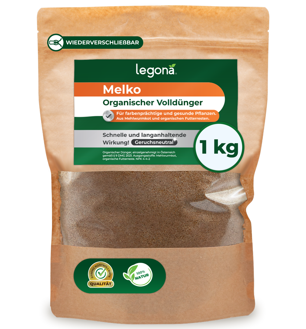 Braune, wiederverschließbare Verpackung mit grün-weiß-orangefarbenem Etikett für Legona Melko organischen Volldünger mit 1 kg Inhalt