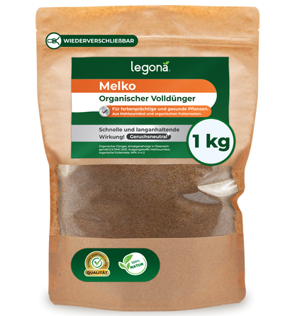 Braune, wiederverschließbare Verpackung mit grün-weiß-orangefarbenem Etikett für Legona Melko organischen Volldünger mit 1 kg Inhalt