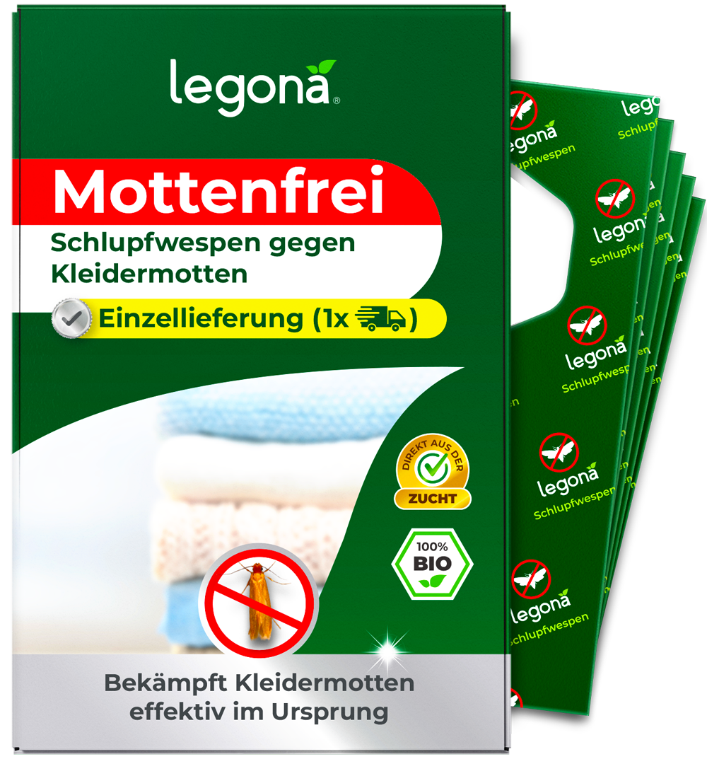 Verpackung von "Legona Mottenfrei" mit Schlupfwespen gegen Kleidermotten und Hinweis auf Einzellieferung mit einer Anwendung