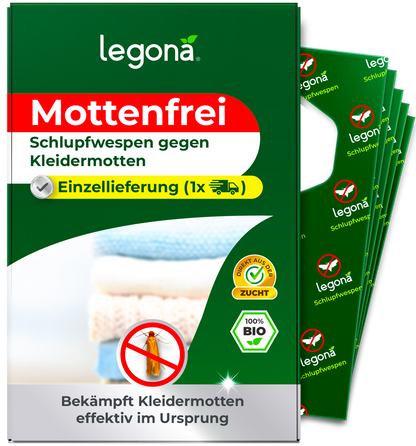 Verpackung von "Legona Mottenfrei" mit Schlupfwespen gegen Kleidermotten und Hinweis auf Einzellieferung mit einer Anwendung