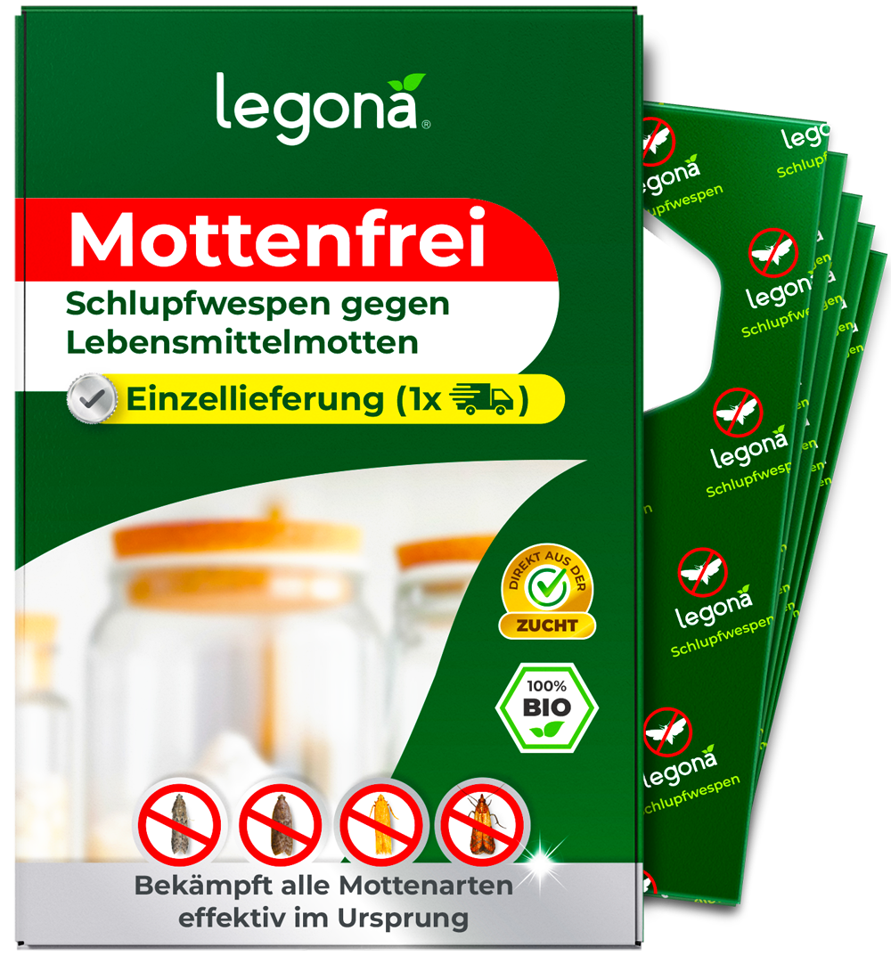 Verpackung von "Legona Mottenfrei" mit Schlupfwespen gegen Lebensmittelmotten und Hinweis auf Einzellieferung mit einer Anwendung