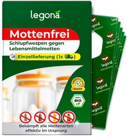 Verpackung von "Legona Mottenfrei" mit Schlupfwespen gegen Lebensmittelmotten und Hinweis auf Einzellieferung mit einer Anwendung