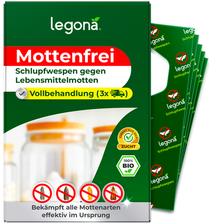 Verpackung von "Legona Mottenfrei" mit Schlupfwespen gegen Lebensmittelmotten und Hinweis auf Vollbehandlung mit drei Anwendungen