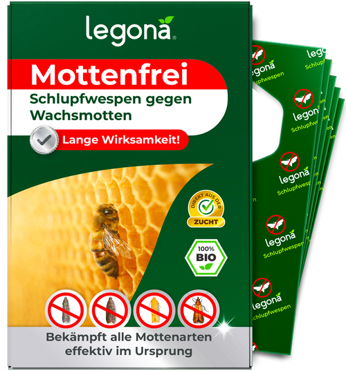 Verackung des Produkts 'Legona Mottenfrei' Schlupfwespen gegen Wachsmotten mit gelbem Wabenmuster