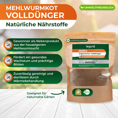 Packung mit Legona Melko organischem Volldünger aus Mehlwurmkot auf hellem Holztisch mit Texten zu natürlichen Nährstoffen und Umweltfreundlichkeit
