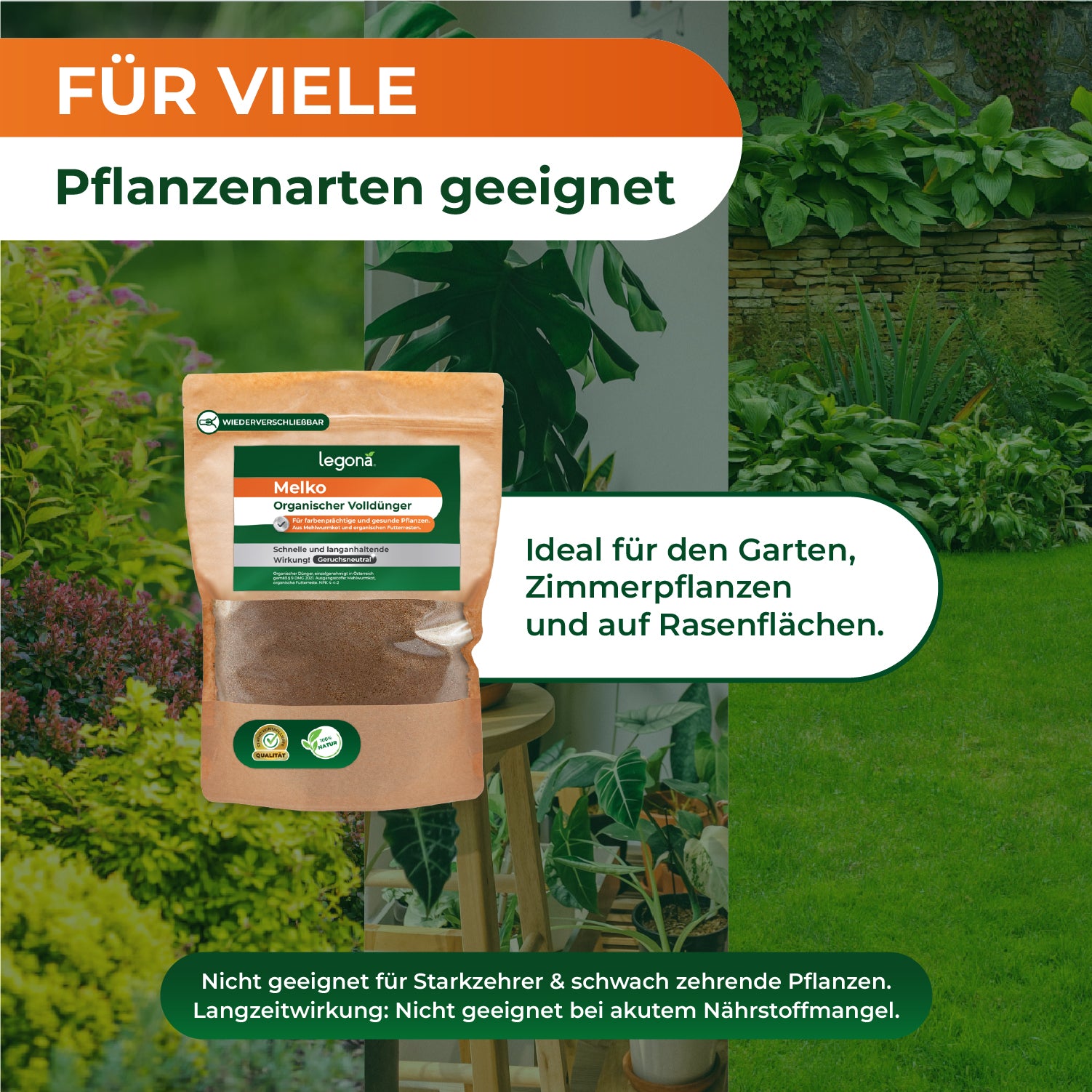 Packung mit organischem Volldünger vor Gartenpflanzen und Rasenfläche mit Texten zu Anwendung und Eignung für viele Pflanzenarten