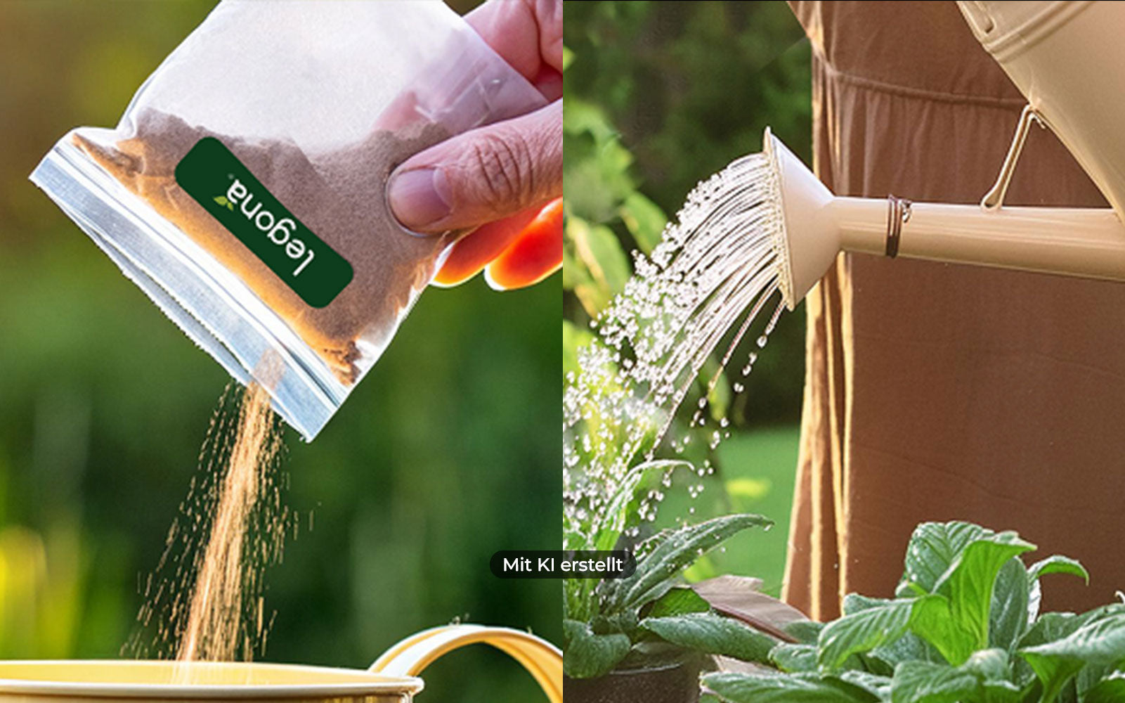 Hand schüttet braunes Pulver aus einem Beutel mit der Aufschrift 'Legona' auf den Boden neben grüne Pflanzen, daneben gießt eine andere Hand mit brauner Kleidung Wasser aus einer Gießkanne auf die Pflanzen