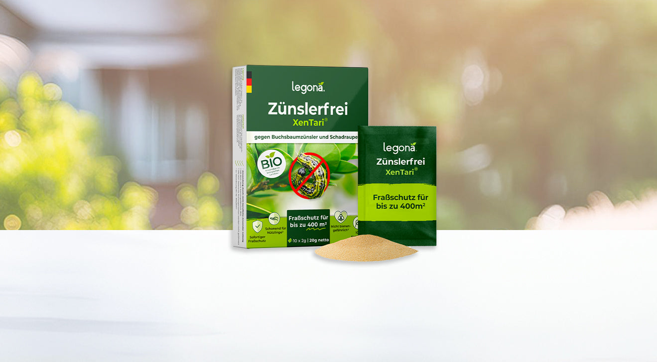 Legona® Zünslerfrei XenTari® Bio-Fraßschutz gegen Buchsbaumzünsler mit Pulver und Verpackung